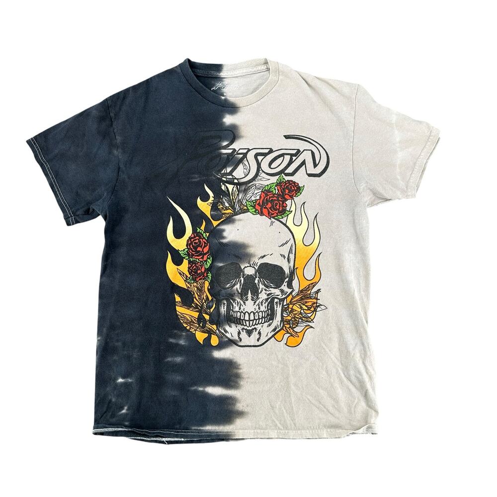 Poison Half Bleached Band T-Shirt Black and White Skull Rock Medium